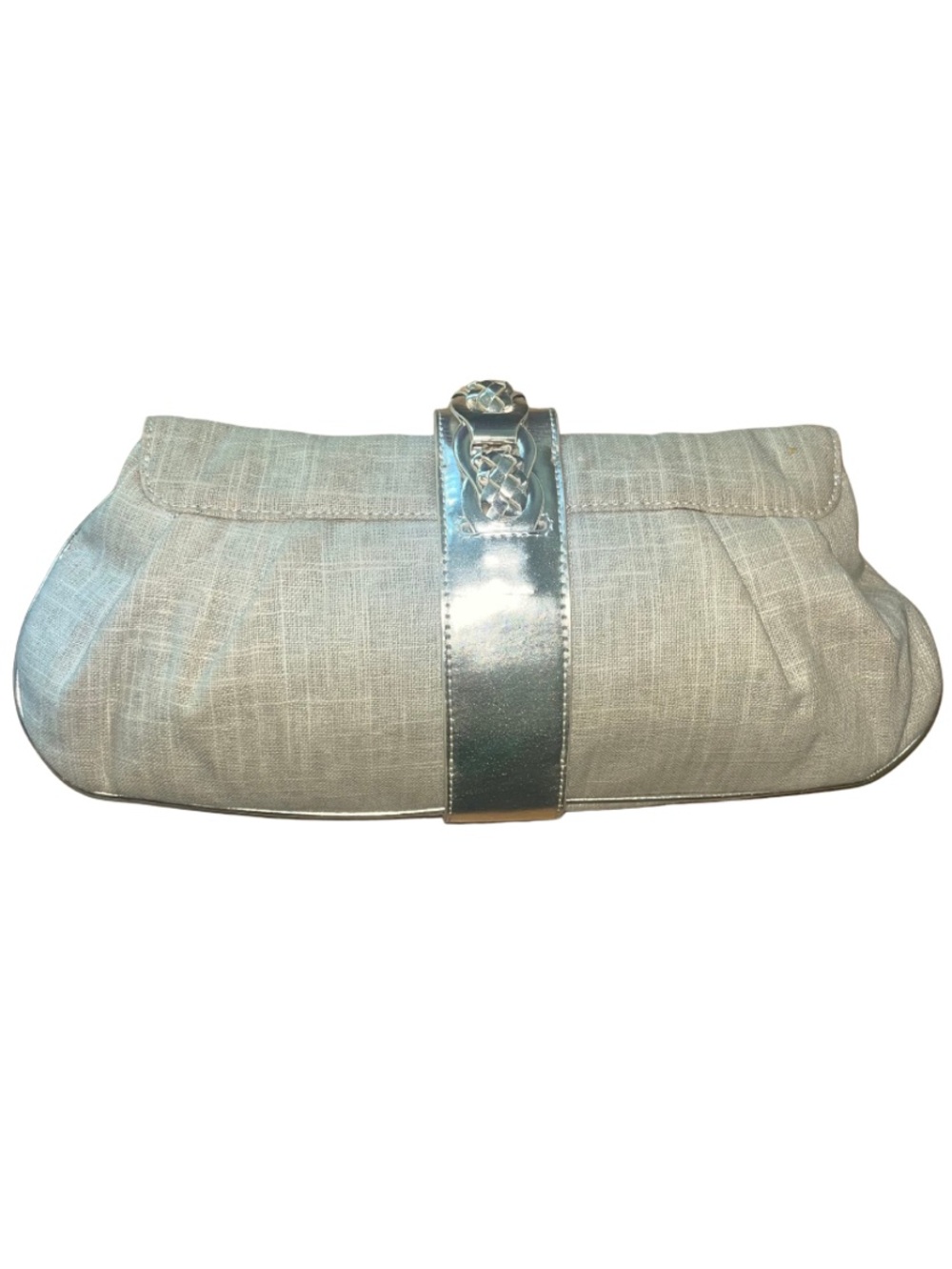 White House Black Market Silver and Tan Linen Braided Buckle Evening Clutch - Picture 13 of 13